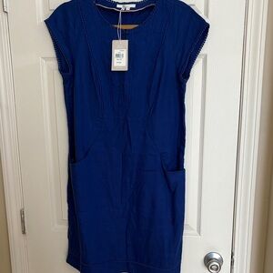 Boden Linen Royal Blue Cap Short-Sleeve Mini Dress with Front Pockets Embroidery